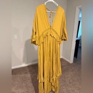 Free People Mustard Yellow Maxi Dress with Ruffle Trim